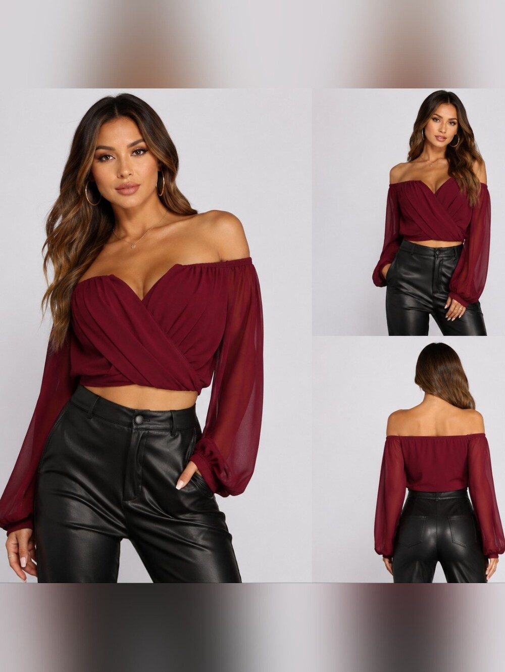 Windsor Off Shoulder Wrap Crop Top Burgundy Long Sleeve Sheer Women's LNWT.